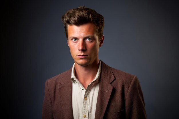 Portrait d'un homme aux cheveux bruns et aux yeux bleus portant une veste de costume brune et une chemise blanche