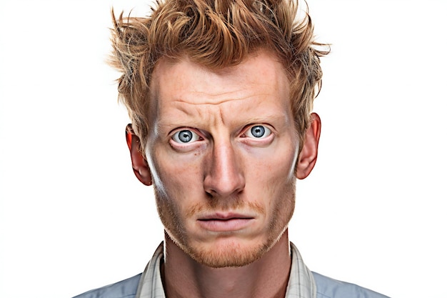 Portrait d'un homme aux cheveux roux avec une expression de surprise sur son visage