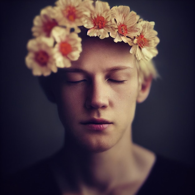 Portrait d'homme aux yeux fermés et fleurs en tête rendu 3d