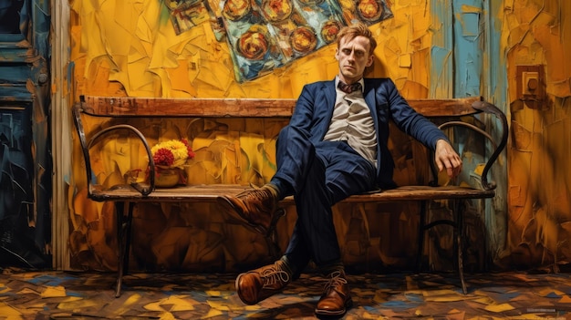Portrait d'un homme sur un banc d'ambre foncé et bleu