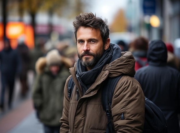 Portrait d'un homme avec une barbe et des cheveux ébouriffés marchant dans une rue animée de la ville en tenue d'hiver