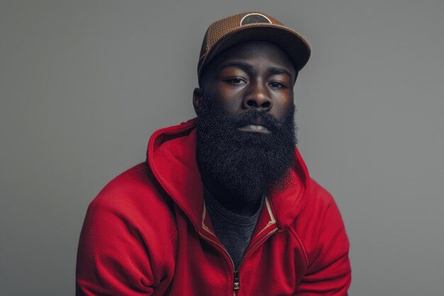 Photo portrait d'un homme à barbe noire vêtu d'une chemise de toison rouge et d'une casquette sur fond gris