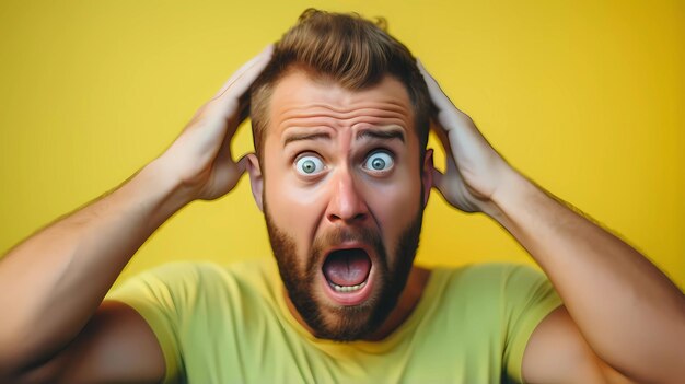 Portrait d'un homme à barbe portant un T-shirt debout avec la bouche ouverte en signe de surprise Expression de choc