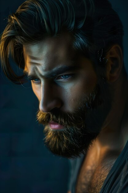 Photo portrait d'un homme à barbe sérieux dans une lumière basse