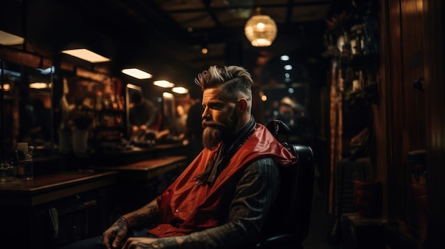 Portrait d'un homme barbu assis dans un barbier.