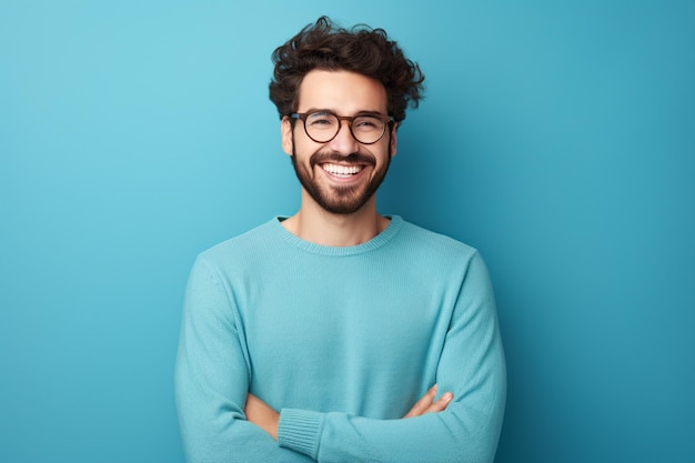 Portrait d'homme barbu joyeux sur fond bleu