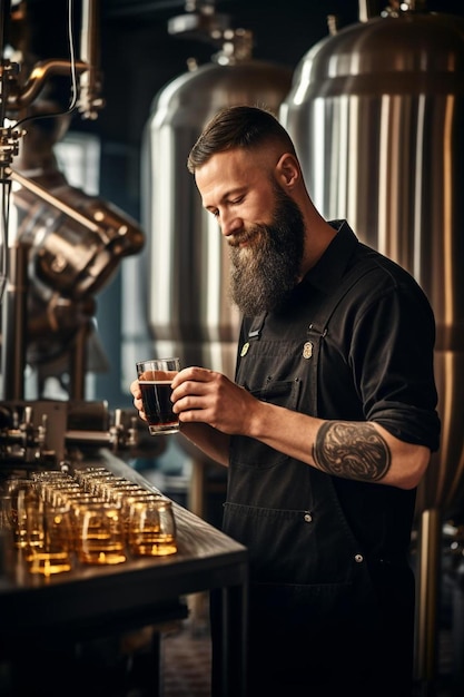 portrait d'un homme barbu travaillant dans une brasserie et vérifiant la qualité du propriétaire de la brasserie artisanale