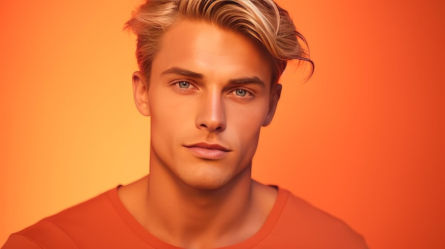 Portrait d'un homme blond caucasien élégant et sexy avec des cheveux blonds et une peau parfaite sur une orange