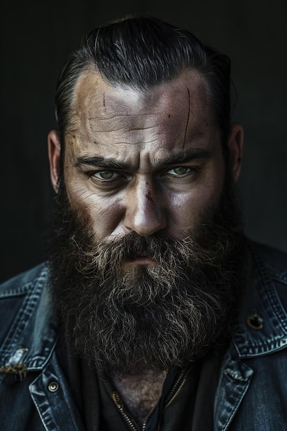 Portrait d'un homme brutal avec une longue barbe et une moustache dans une veste en jean sur un fond sombre