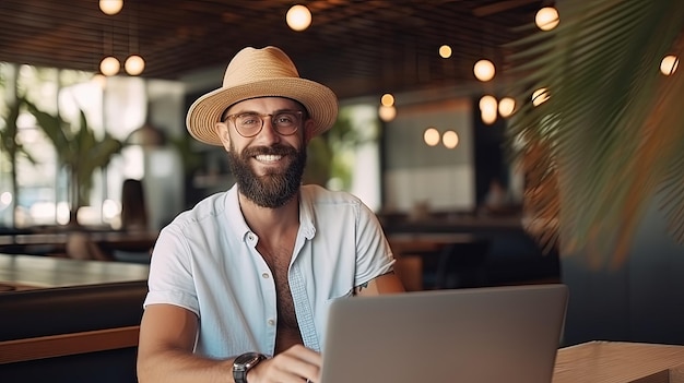 Portrait d'un homme caucasien joyeux en mode, satisfait des cours de langues en ligne en utilisant un netbook pour étudier, un hipster barbu heureux regardant la caméra, satisfait du wifi pour le travail à distance.