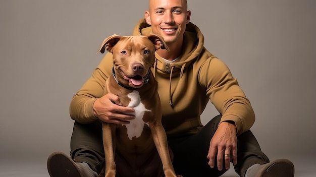 Portrait d'un homme chauve avec un pitbull souriant