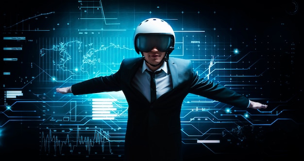 Portrait d'un homme en costume et casque. Il montre qu'il vole sur fond d'hologramme futuriste. Concept d'entreprise. Technologies Internet.