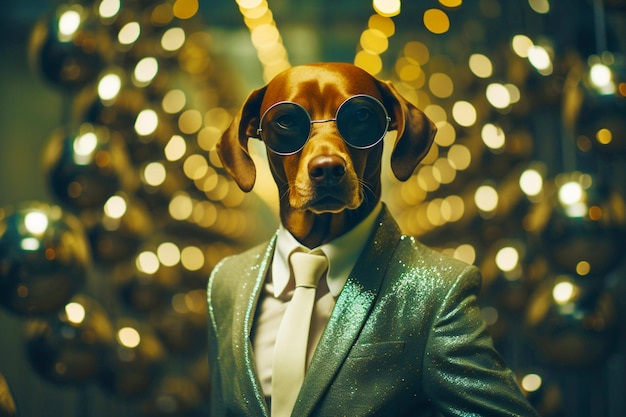 Portrait d'un homme en costume et lunettes de soleil avec une tête de chien