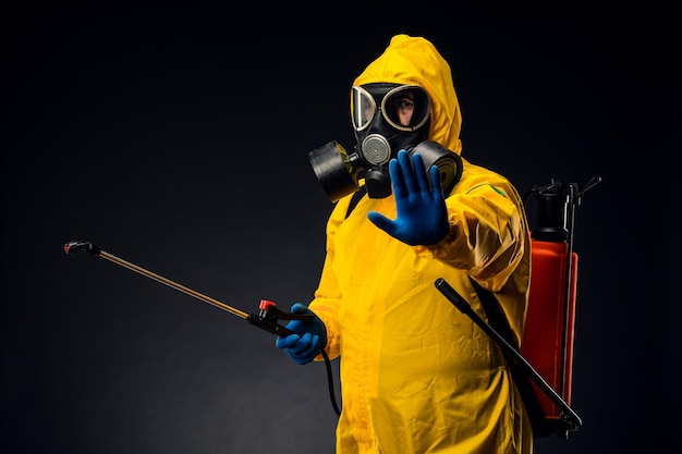 Portrait d'un homme dans une combinaison de protection chimique jaune tenant un désinfectant pulvérisé