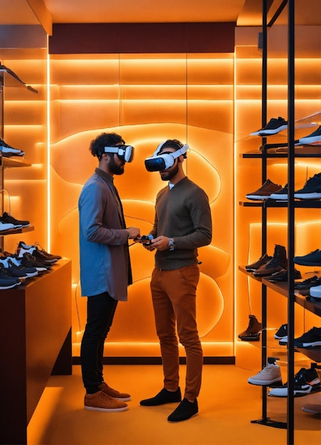 Portrait d'un homme dans un magasin de chaussures de pointe avec des avatars de réalité virtuelle aidant les clients Ambe