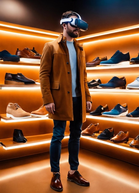 Portrait d'un homme dans un magasin de chaussures de pointe avec des avatars de réalité virtuelle aidant les clients Ambe