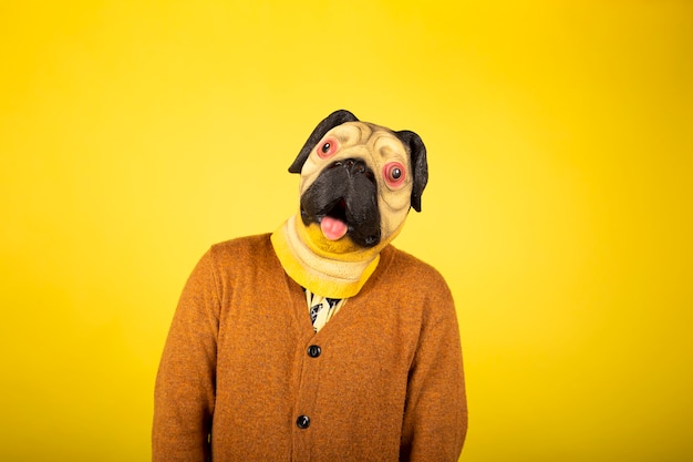 Portrait d'un homme dans un masque carlin sur un mur jaune.