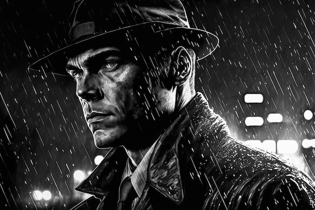 Portrait d'homme détective sous la pluie la nuit dans la rue à la manière d'un film noir