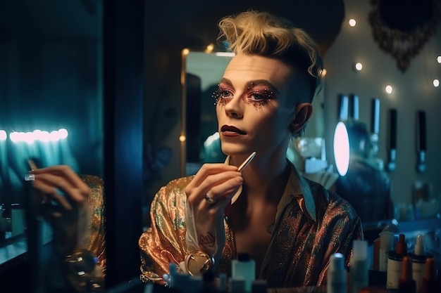 Portrait d'un homme drag queen transgenre se maquillant au miroir Generative AI