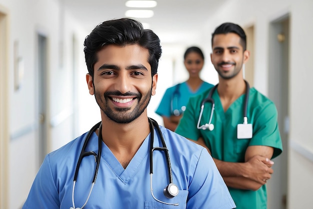 Portrait d'un homme du Moyen-Orient souriant, une infirmière avec un stéthoscope regardant la caméra, un jeune médecin souriant alors qu'il se tient dans le couloir de l'hôpital avec l'équipe de soins de santé en arrière-plan, un chirurgien indien prospère.