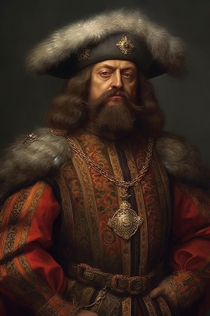 Un portrait d'un homme du XVe siècle avec un chapeau de fourrure et une grande barbe