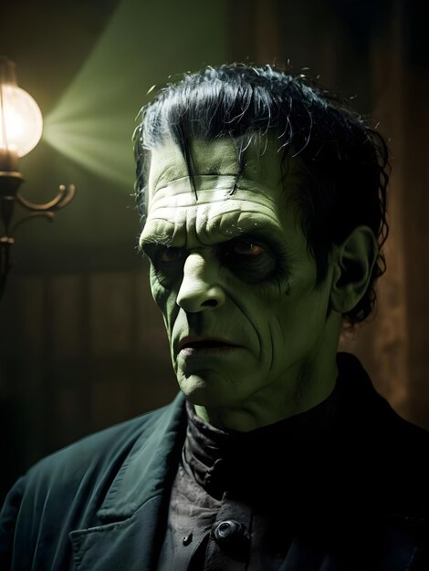 Portrait d'un homme effrayant de Victor Frankenstein sur fond sombre Halloween