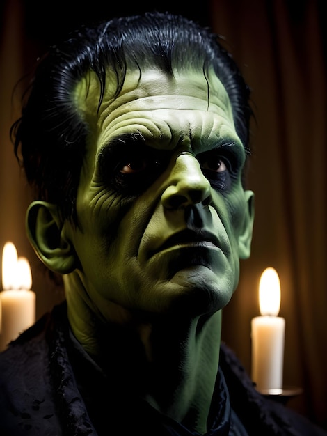 Portrait d'un homme effrayant de Victor Frankenstein sur fond sombre Halloween