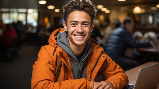 Portrait d'un homme et d'un étudiant avec un ordinateur portable dans un café et en train de taper avec un sourire et une lecture en ligne