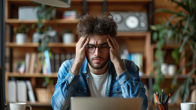 Portrait d'un homme fatigué souffrant de maux de tête ou de fatigue oculaire après de longues heures de travail sur ordinateur