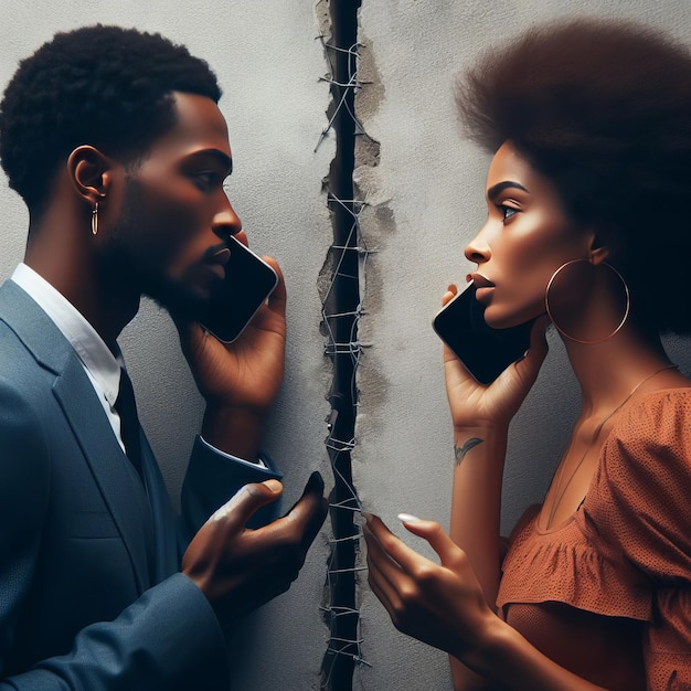 Photo portrait d'un homme et d'une femme avec des téléphones qui se regardent mais il y a un mur entre eux problèmes sociaux conflit de personnages querelle les gens ne veulent pas s'entendre