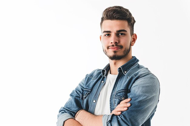 portrait d'un homme heureux, bras croisés sur fond blanc isolé