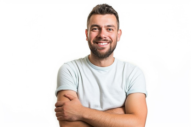 portrait d'un homme heureux, bras croisés sur fond blanc isolé