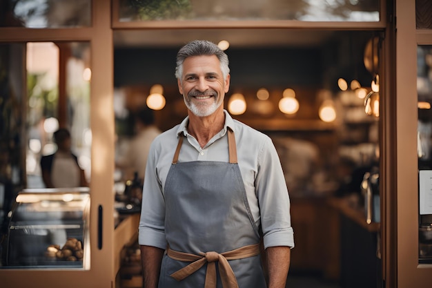 Portrait d'un homme heureux debout à l'entrée de son magasin, un serveur mûr et joyeux attendant des clients au café, un propriétaire de petite entreprise prospère portant un tablier gris.