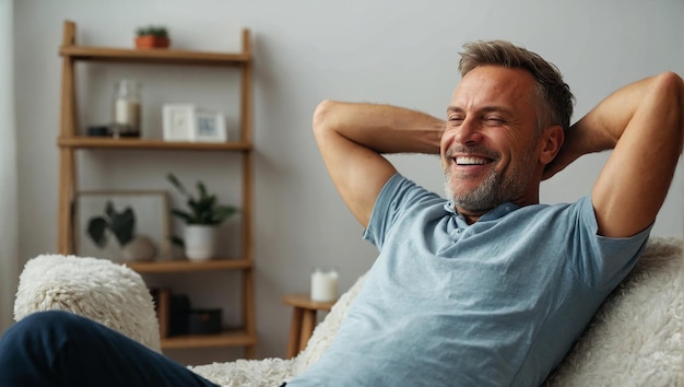Portrait d'un homme heureux pratiquant des exercices de relaxation à la maison dans son appartement spacieux et lumineux