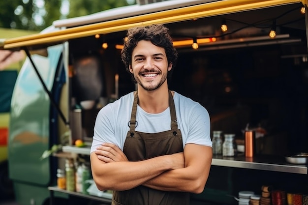 Photo portrait d'un homme heureux souriant propriétaire d'une petite entreprise posant près de son camion de nourriture