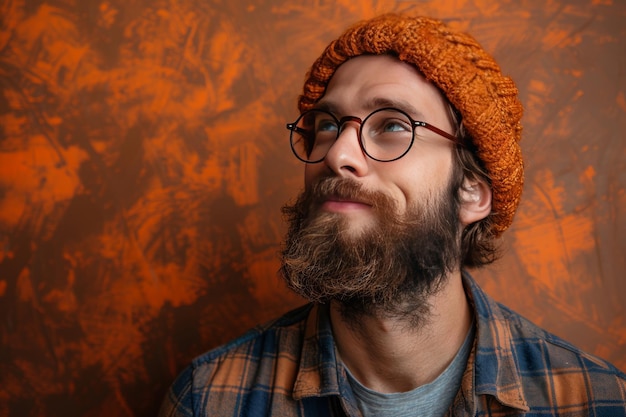 Portrait d'un homme hipster barbu avec un chapeau et des lunettes