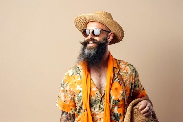 Photo portrait d'un homme hipster barbu avec des lunettes de soleil et un chapeau generative ai