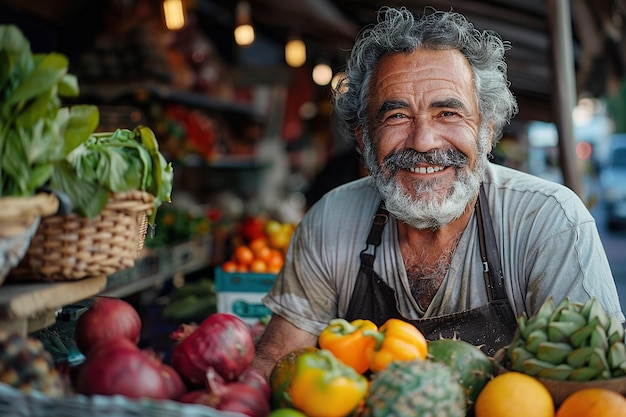 Portrait d'un homme hispanique gérant un stand de nourriture de rue avec des produits agricoles naturels frais heureux vieux beau fermier aux cheveux gris et à la barbe regarde la caméra et sourit charmantement