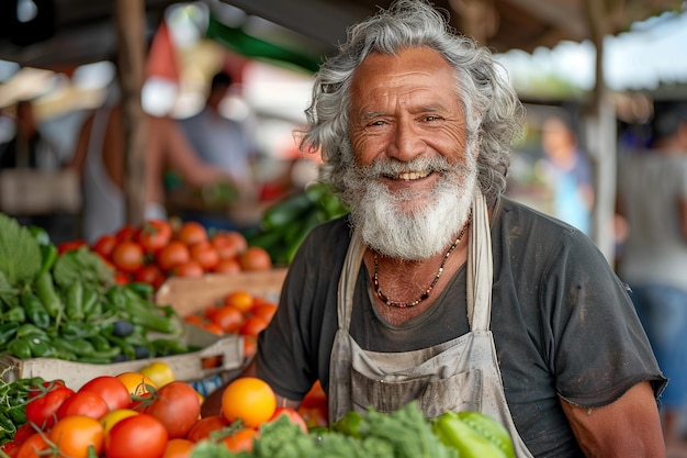 Portrait d'un homme hispanique gérant un stand de nourriture de rue avec des produits agricoles naturels frais heureux vieux beau fermier aux cheveux gris et à la barbe regarde la caméra et sourit charmantement