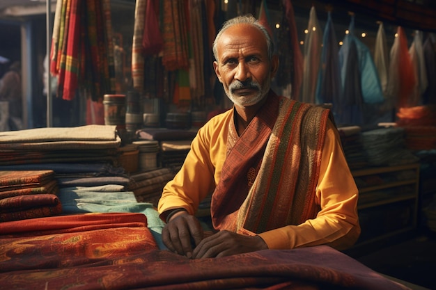 Portrait d'un homme indien vendant des tissus