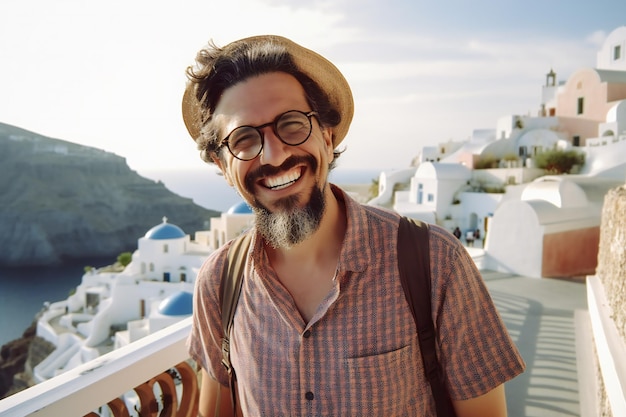 Photo portrait d'un homme italien portant un chapeau et des lunettes prenant une photo selfie touriste heureux