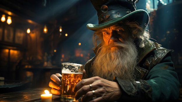 Portrait d'un homme leprechaun assis au comptoir d'un vieux pub lors d'une fête de la Saint-Patrick