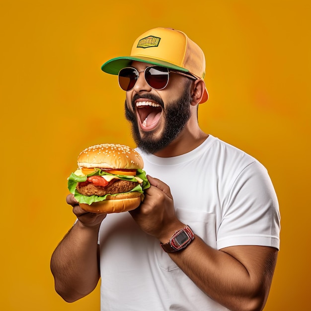 Portrait d'un homme mangeant un hamburger génératif ai