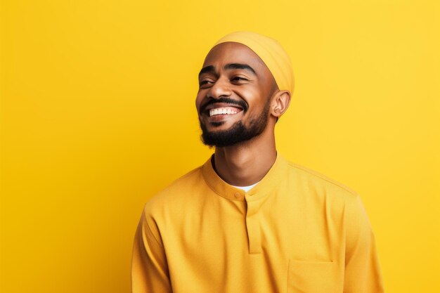 Portrait d'un homme mulsim heureux riant sur fond jaune