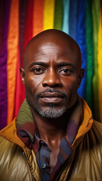 Portrait d'un homme multiethnique sur le fond du drapeau arc-en-ciel L'image présente une personne LGBTQ