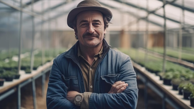 Photo portrait d'homme mûr au chapeau debout avec les bras croisés dans la serre generative ai