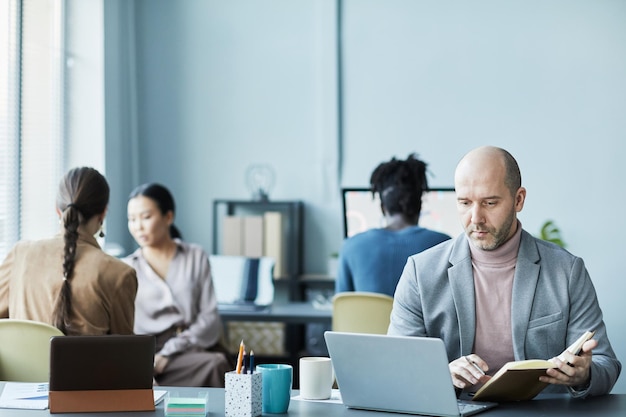 Portrait d'un homme mûr chauve travaillant avec un ordinateur portable dans un bureau et regardant l'écran c