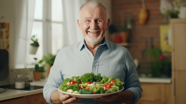 Portrait d'un homme mûr retraité tenant un plat de salade de légumes sains avec un visage souriant