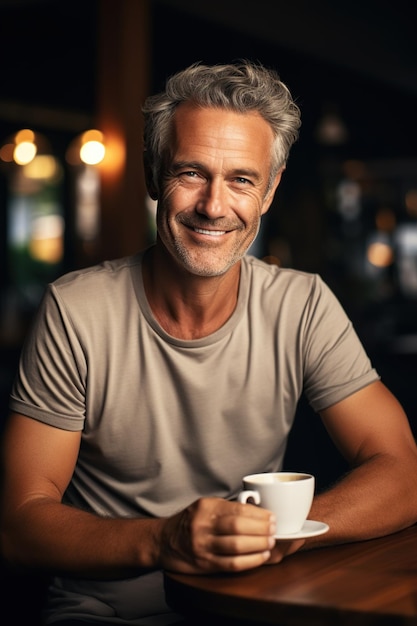 Portrait d'un homme mûr souriant buvant du café dans un café