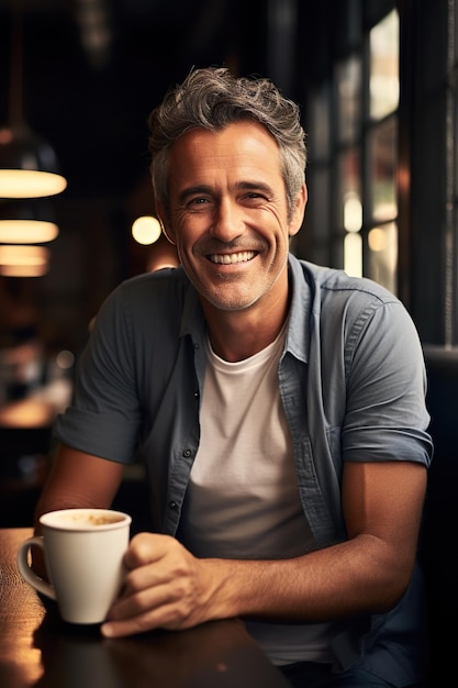 Portrait d'un homme mûr souriant buvant du café dans un café